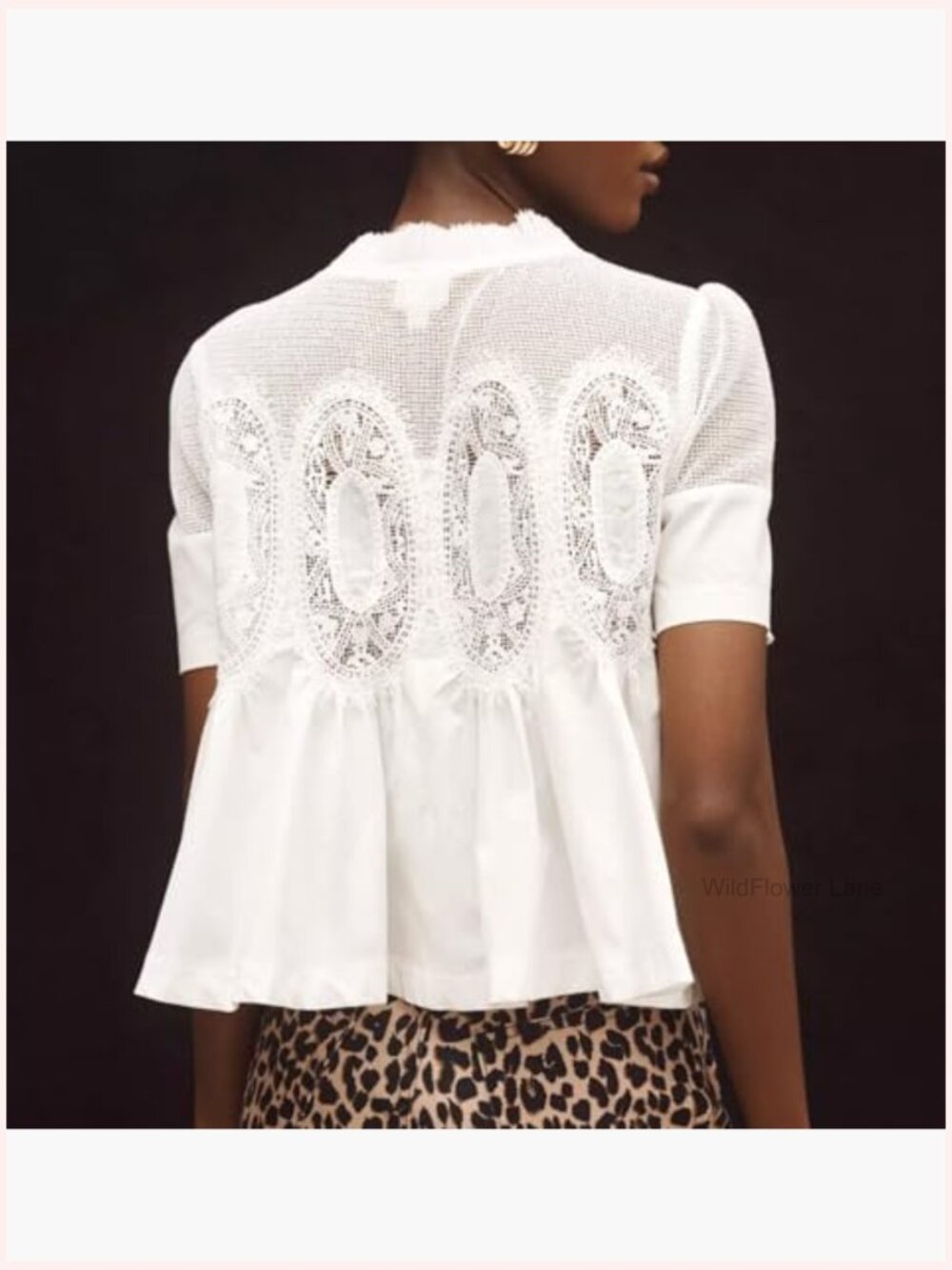 Lace-Detail Flared Blouse Short-Sleeve Crew Neck Poplin Mesh Swing Top - Picture 6 of 7